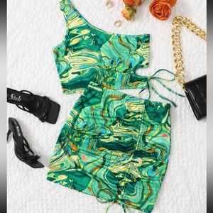 ONE SHOULDER MARBLE PRINT DRAWSTRING 2 PIECE SET